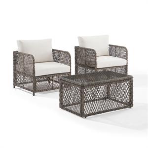 Pemberly Row 3Pc Outdoor Coffee Table & Chair Set Creme/Stone