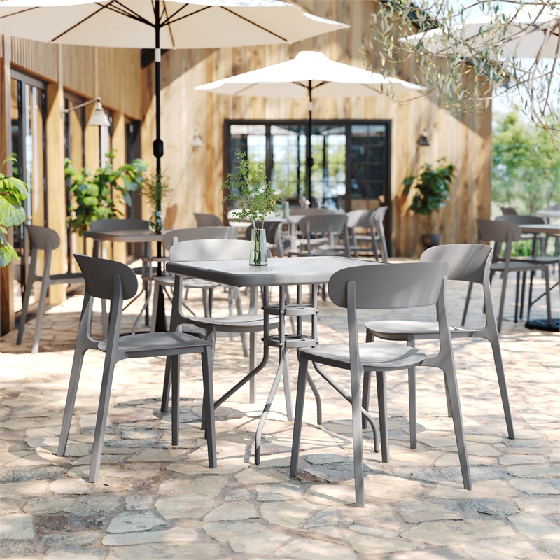Pemberly Row Commercial All-Weather Gray Patio Stack Chair w/ Contoured Backrest