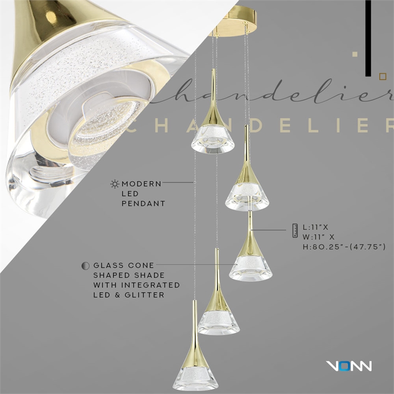 Pemberly Row 5-Light ETL Certified Integrated LED Aluminum Chandelier - Gold