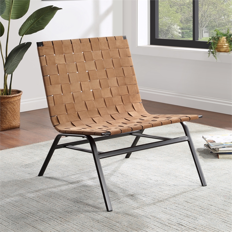 Pemberly Row Contemporary Woven Brown Leather Metal Frame Accent Chair