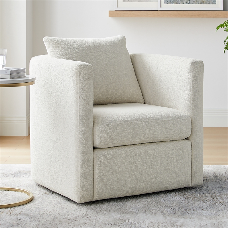 Pemberly Row Contemporary Ivory Performance Fabric Swivel Barrel Chair