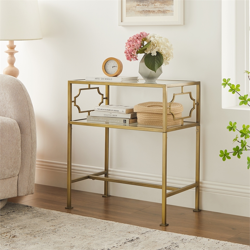 Pemberly Row Rectangular Antique Gold Metal and Glass Accent Table