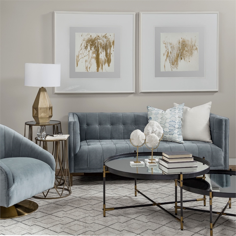 Pemberly Row Gray Blue Velvet Covered Seat w Gold Swivel Base Accent Chair