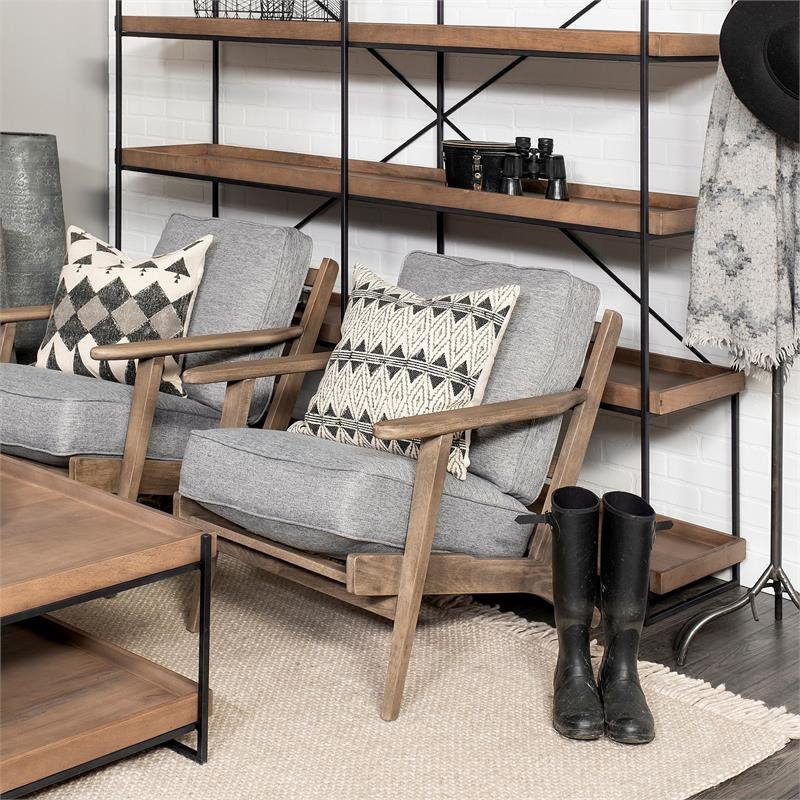 Pemberly Row Gray Fabric Wrapped Brown Wooden Frame Accent Chair