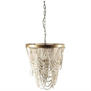Pemberly Row 26x23 Gold Metal White washed Wooden Bead Three Bulb Chandelier