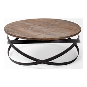 Pemberly Row 40&quot Round Brown Solid Wood Top Black Metal Base Coffee Table