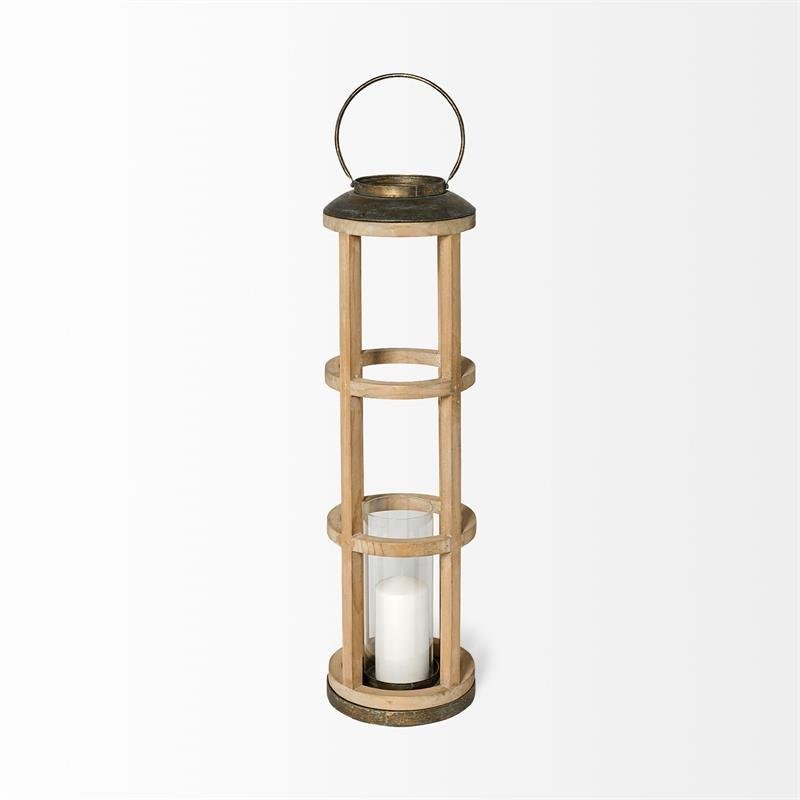 Pemberly Row Farmhouse Large Natural Wood Cylindrical Lantern