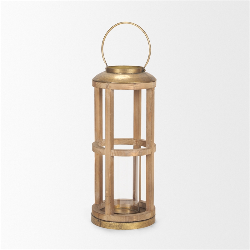 Pemberly Row Farmhouse Small Natural Wood Cylindrical Lantern
