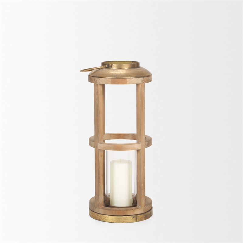 Pemberly Row Farmhouse Small Natural Wood Cylindrical Lantern