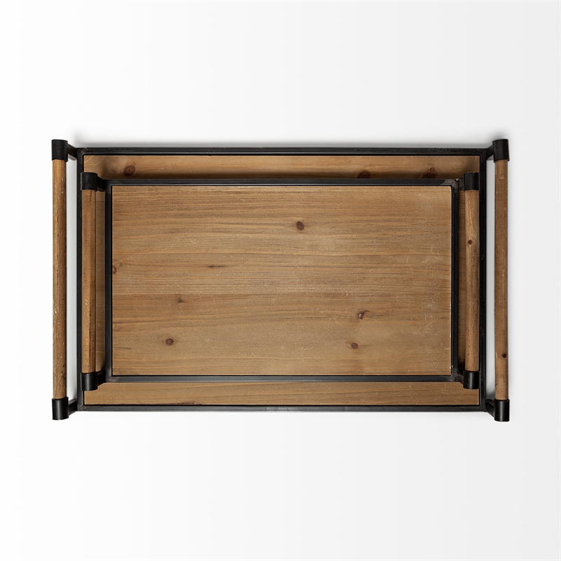 Pemberly Row Set of Two Light Brown Wood Black Iron Decorative Serving Trays