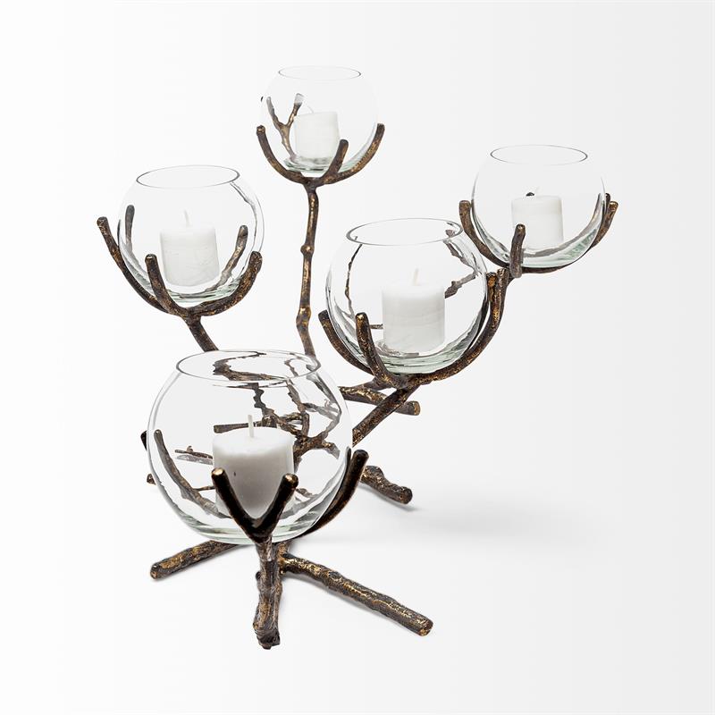 Pemberly Row Distressed Gold Metal Creeper Five Candle Table Candle Holder