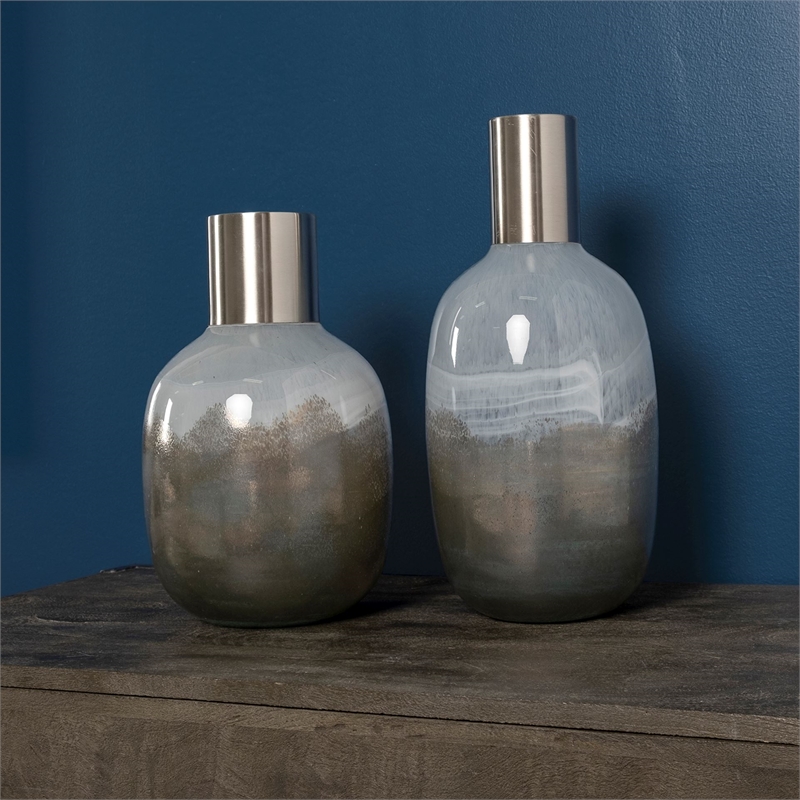 Pemberly Row Transitional Short Gradient Blue Glass Gourd Style Vase