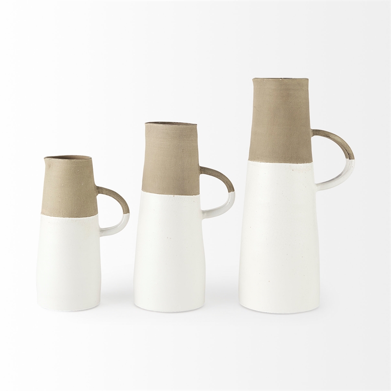 Pemberly Row Farmhouse Large Two-Toned White/Natural Ceramic Jug