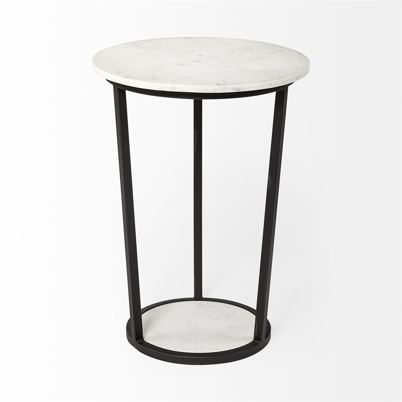Pemberly Row 18x25.2 Round White Marble Top & Black Metal Frame Table