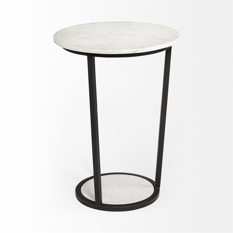 Pemberly Row 18x25.2 Round White Marble Top & Black Metal Frame Table