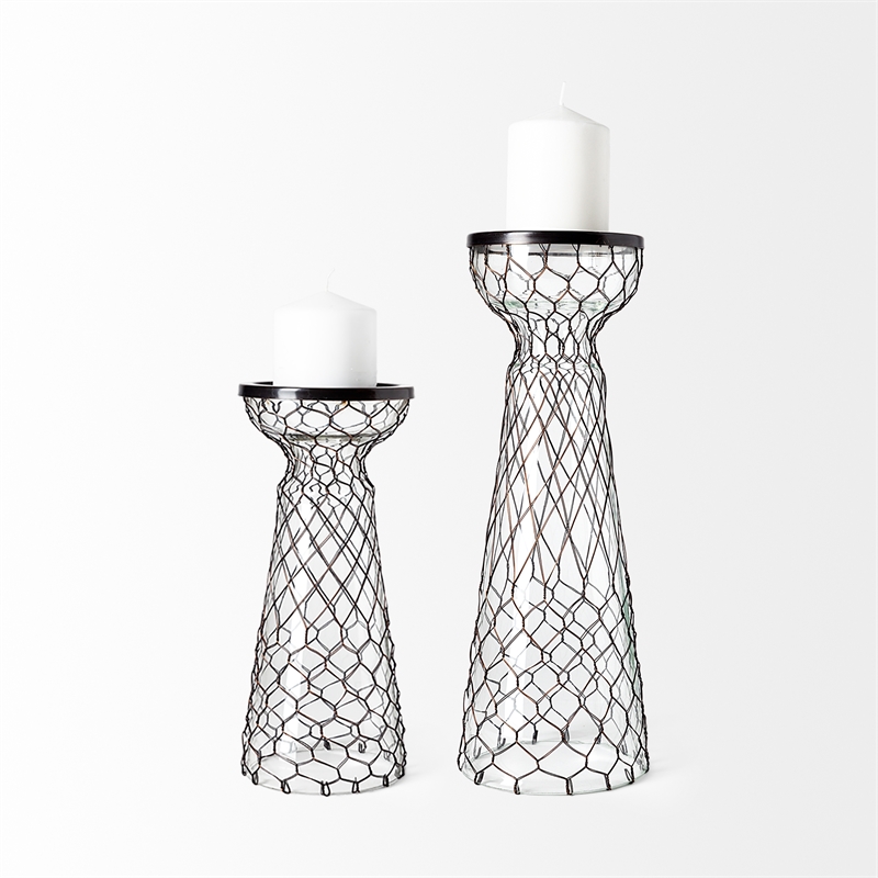 Pemberly Row Small Black Metal Snakeskin Pattern Glass Table Candle Holder