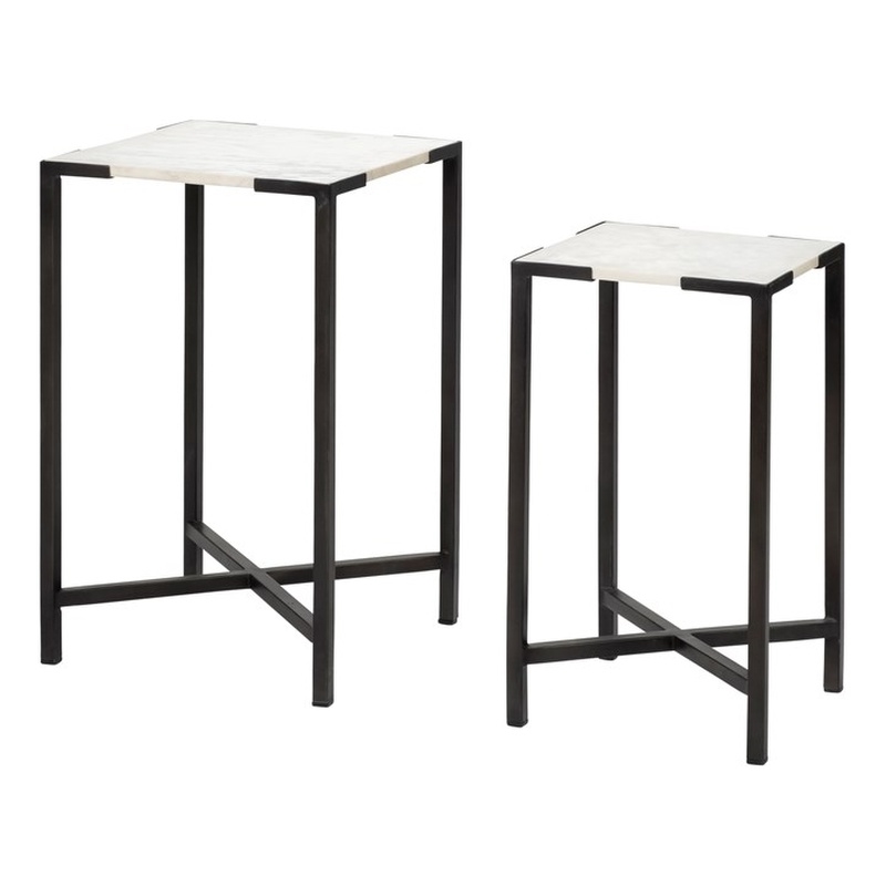 Pemberly Row 15x24 Set of Two Square Top White Marble & Black Iron Tables