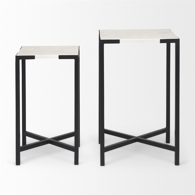 Pemberly Row 15x24 Set of Two Square Top White Marble & Black Iron Tables