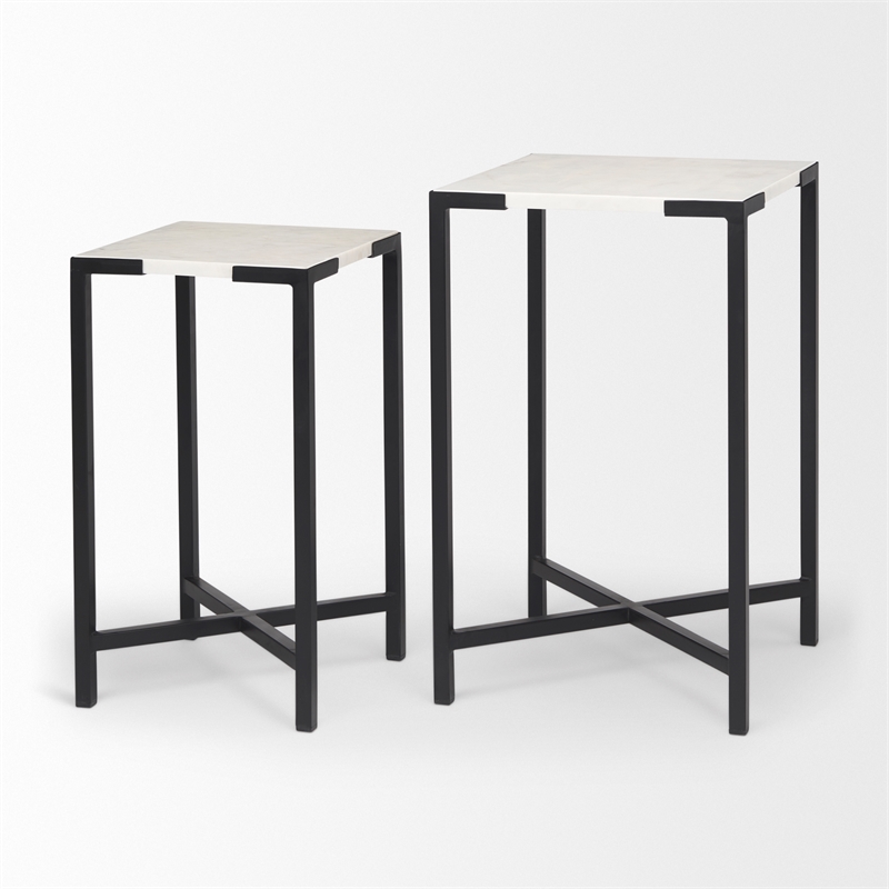 Pemberly Row 15x24 Set of Two Square Top White Marble & Black Iron Tables