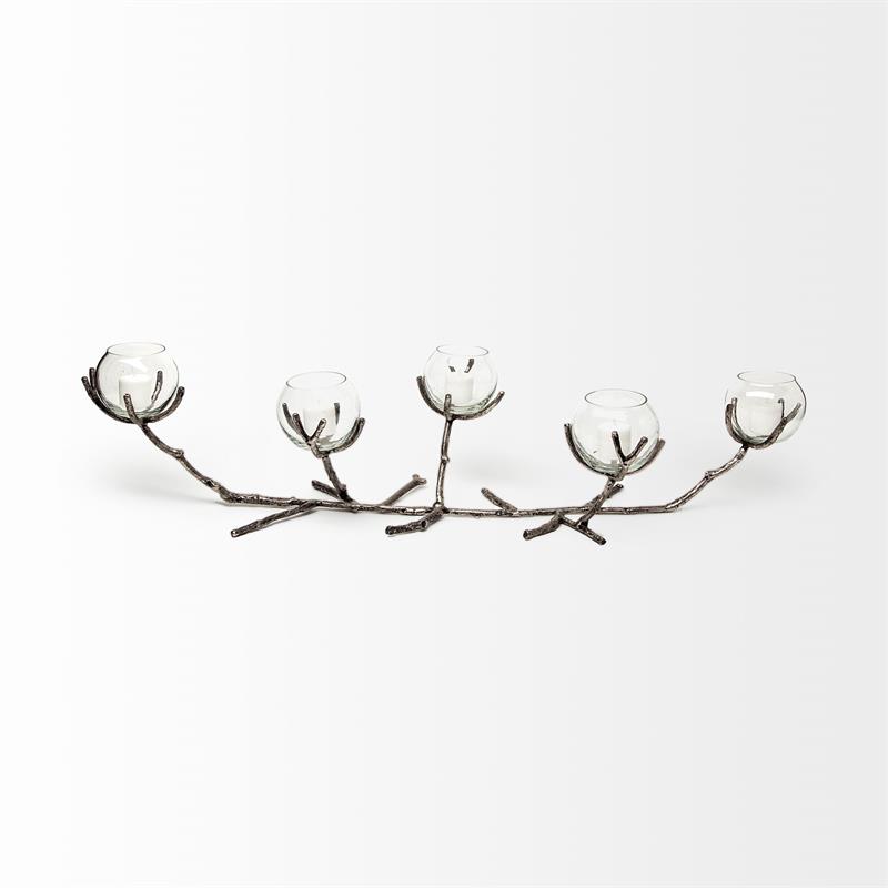 Pemberly Row Distressed Silver Metal Creeper Five Candle Table Candle Holder