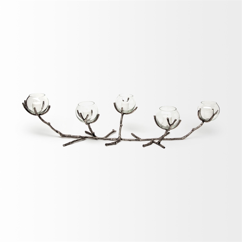 Pemberly Row Distressed Silver Metal Creeper Five Candle Table Candle Holder