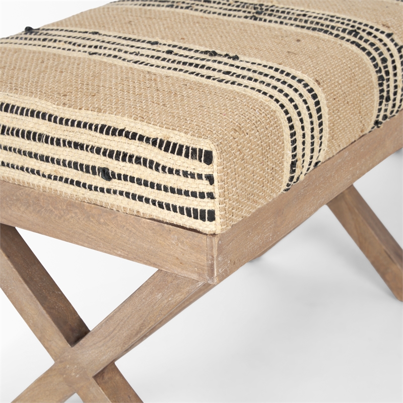Pemberly Row 50Lx16W Brown Base Upholstered Beige/Black Stripe Seat Accent Bench
