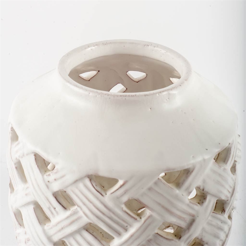 Pemberly Row Short White Glazed Lattice Pattern Ceramic Vase