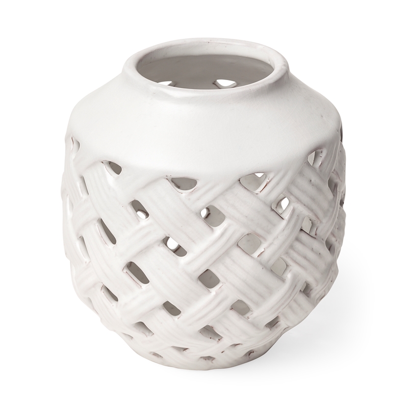Pemberly Row Short White Glazed Lattice Pattern Ceramic Vase