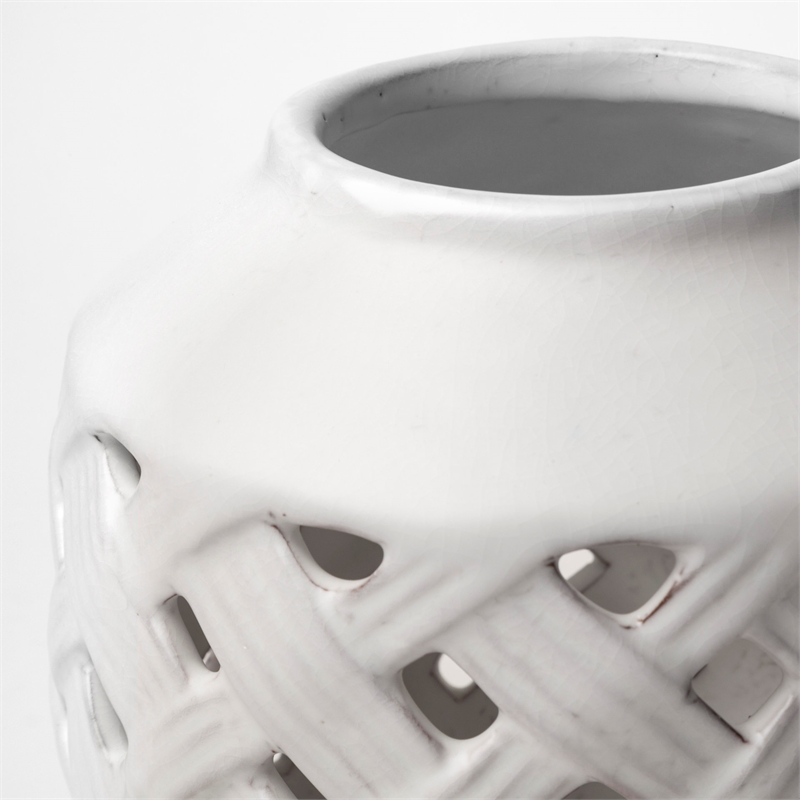Pemberly Row Short White Glazed Lattice Pattern Ceramic Vase