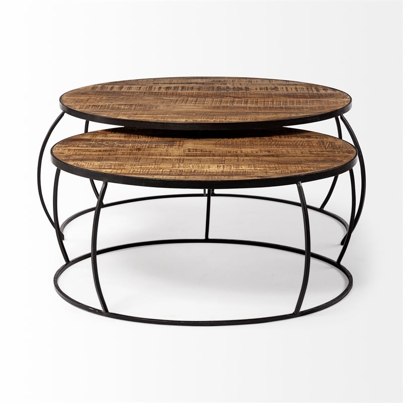 Pemberly Row Set of 2 Round Brown Wood Top Black Iron Base Nesting Coffee Tables