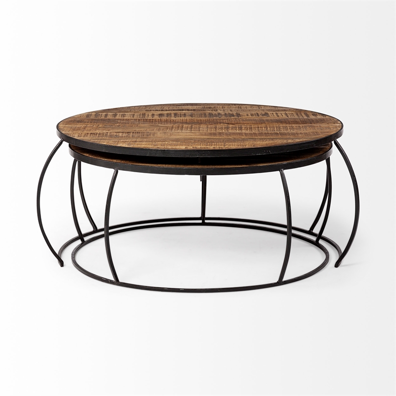 Pemberly Row Set of 2 Round Brown Wood Top Black Iron Base Nesting Coffee Tables