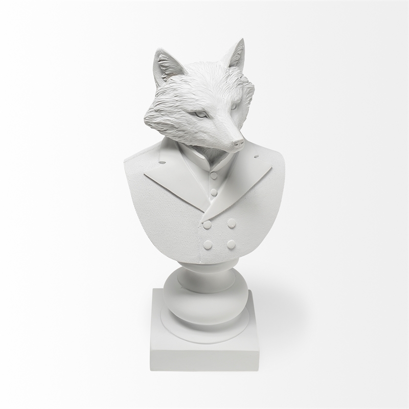 Pemberly Row Contemporary White Resin Fox Bust Finished in a White Suit