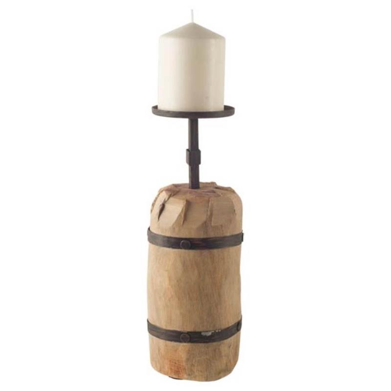 Pemberly Row Farmhouse Short Brown Wood Metal Strap Candle Holder
