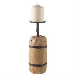 Pemberly Row Farmhouse Short Brown Wood Metal Strap Candle Holder