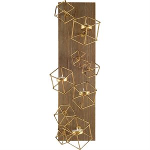Pemberly Row 22&quotH Brown Wood Based Brass Metal Cube Wall Candle Holder