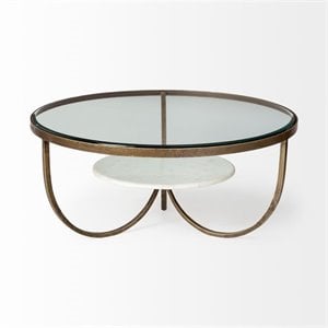 Pemberly Row 36&quot Round Clear Glass Top Marble Shelf Gold Base Coffee Table