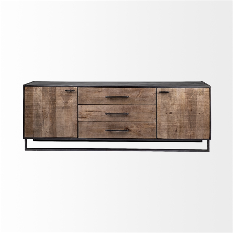 Pemberly Row Brown Wood Black Metal Frame 3 Drawer 2 Cabinet Door Sideboard