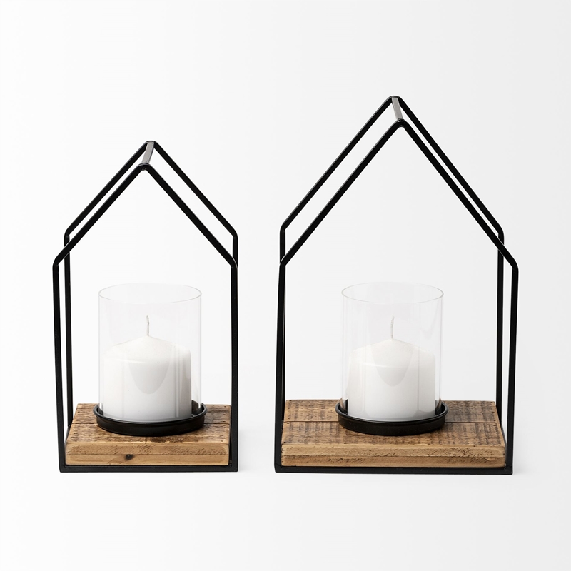 Pemberly Row Set of Two Black Metal Wooden Base Table Candle Holders