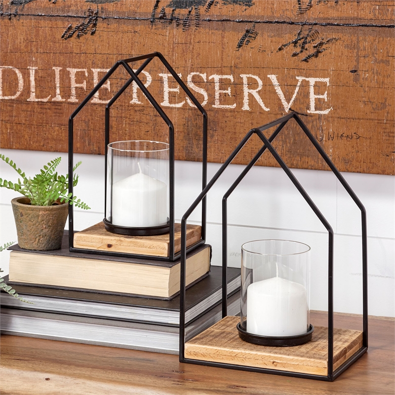 Pemberly Row Set of Two Black Metal Wooden Base Table Candle Holders