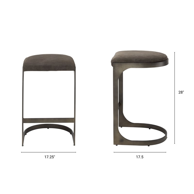 Pemberly Row 17Lx18Wx28H Dark Brown Leather with Gun Metal Gray Base Stool