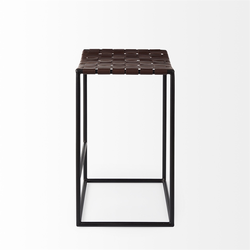 Pemberly Row 18Lx16Wx26H Dark Brown Woven Leather with Black Iron Frame Stool