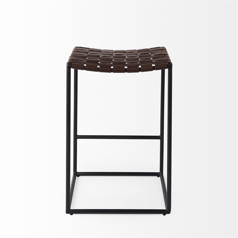 Pemberly Row 18Lx16Wx26H Dark Brown Woven Leather with Black Iron Frame Stool