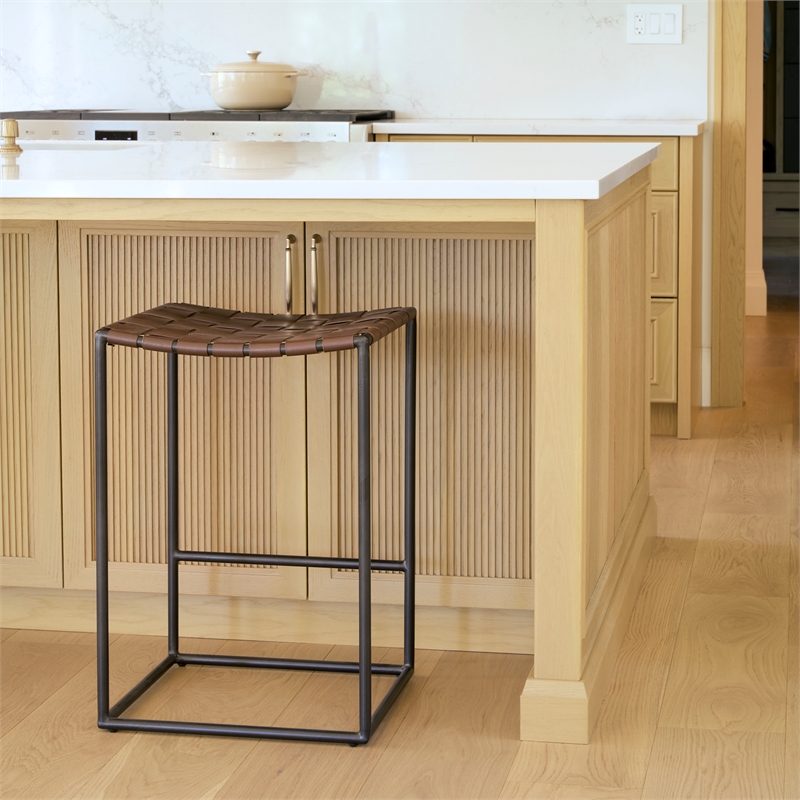 Pemberly Row 18Lx16Wx26H Dark Brown Woven Leather with Black Iron Frame Stool