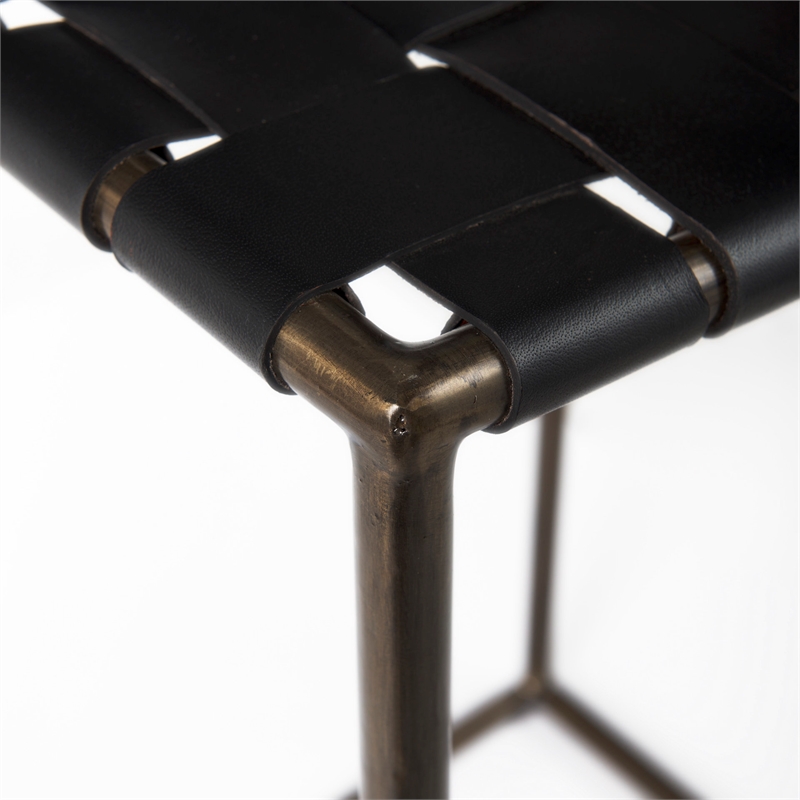 Pemberly Row 18Lx16Wx30H Black Woven Leather with Iron Frame Stool