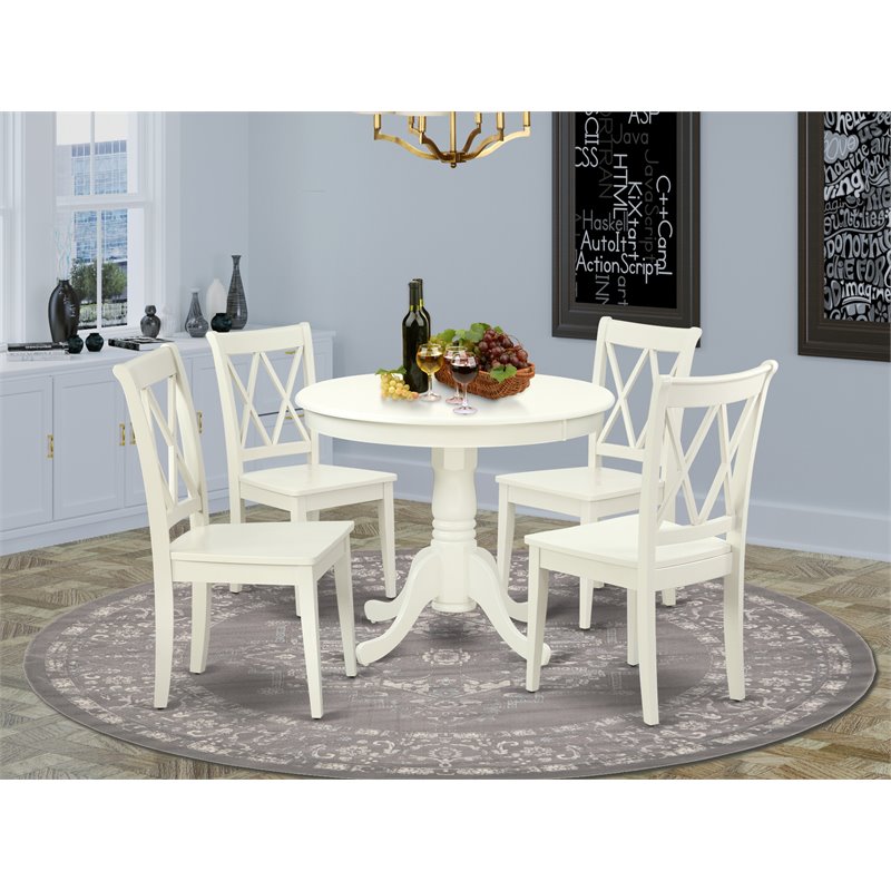 Pemberly Row Antique 5-piece Dining Set with Round Table in Linen White