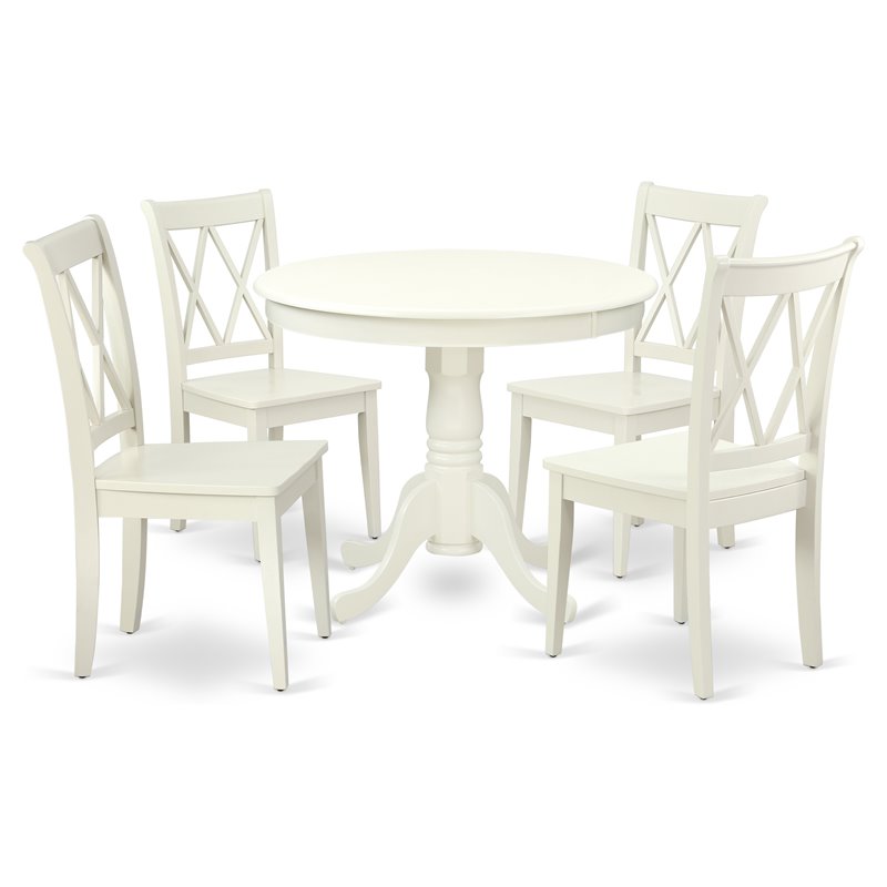 Pemberly Row Antique 5-piece Dining Set with Round Table in Linen White