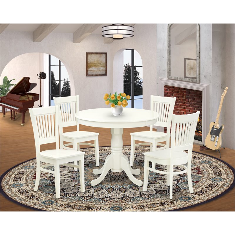 Pemberly Row Antique 5-piece Dining Table Slatted Chairs in Linen White