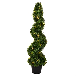 Pemberly Row 3' Plastic Artificial Potted Boxwood Spiral Tree with LED in Green