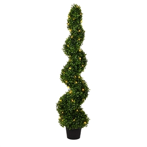 Pemberly Row 4' Plastic Artificial Potted Boxwood Spiral Tree with LED in Green