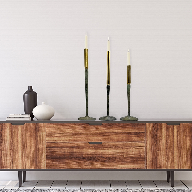 Pemberly Row Set of 3 Decorative Handmade Aluminum Modern CandleHolders in Gold